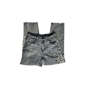 Justice Girls Jeans Size 12 Gray Wash Daisy Floral Patch Distressed